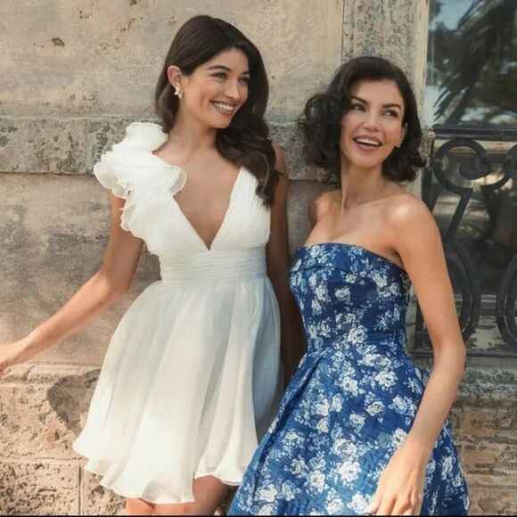 Mac Duggal 68617 Womens Size 10 Blue White Floral‎ Brocade Strapless Midi Dress - Picture 4 of 8